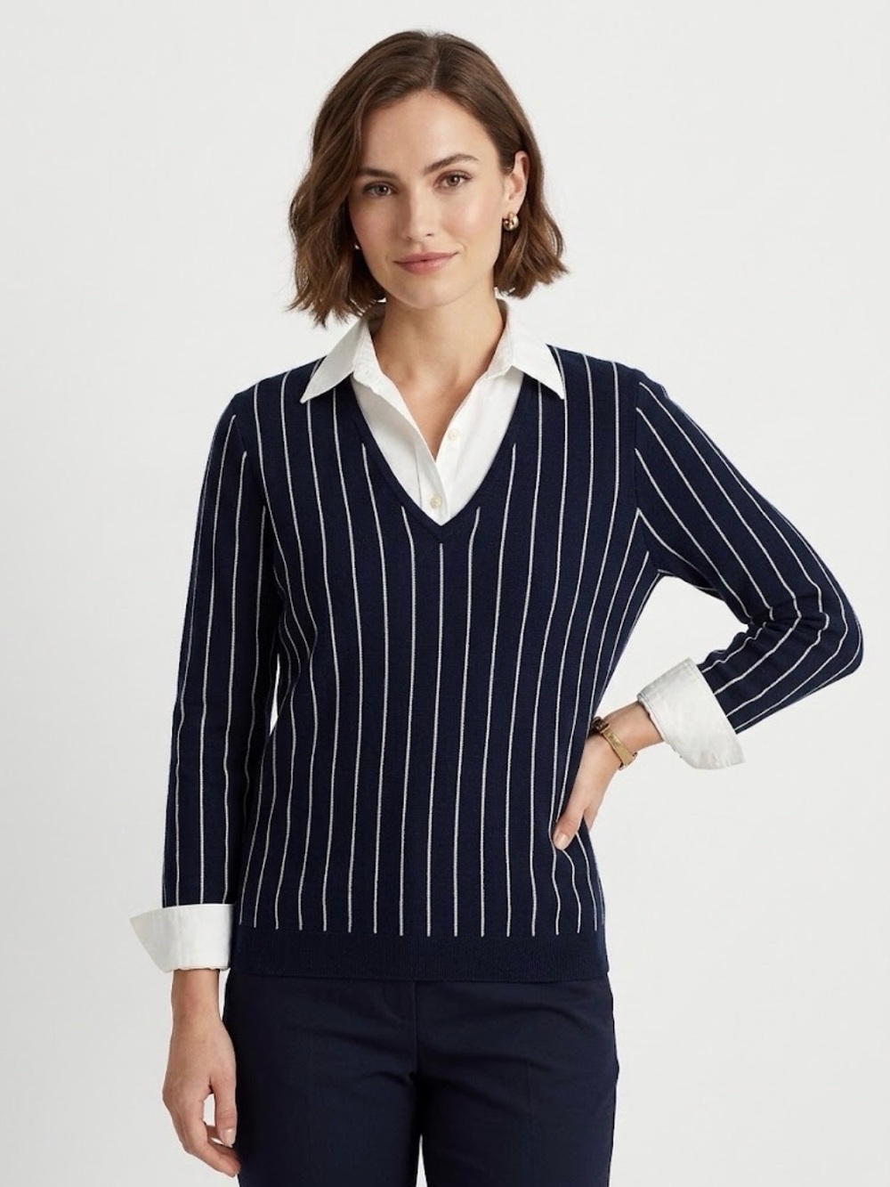 Lauren Ralph Lauren Navy Pinstripe Collared Sweater Medium Old Money Preppy M